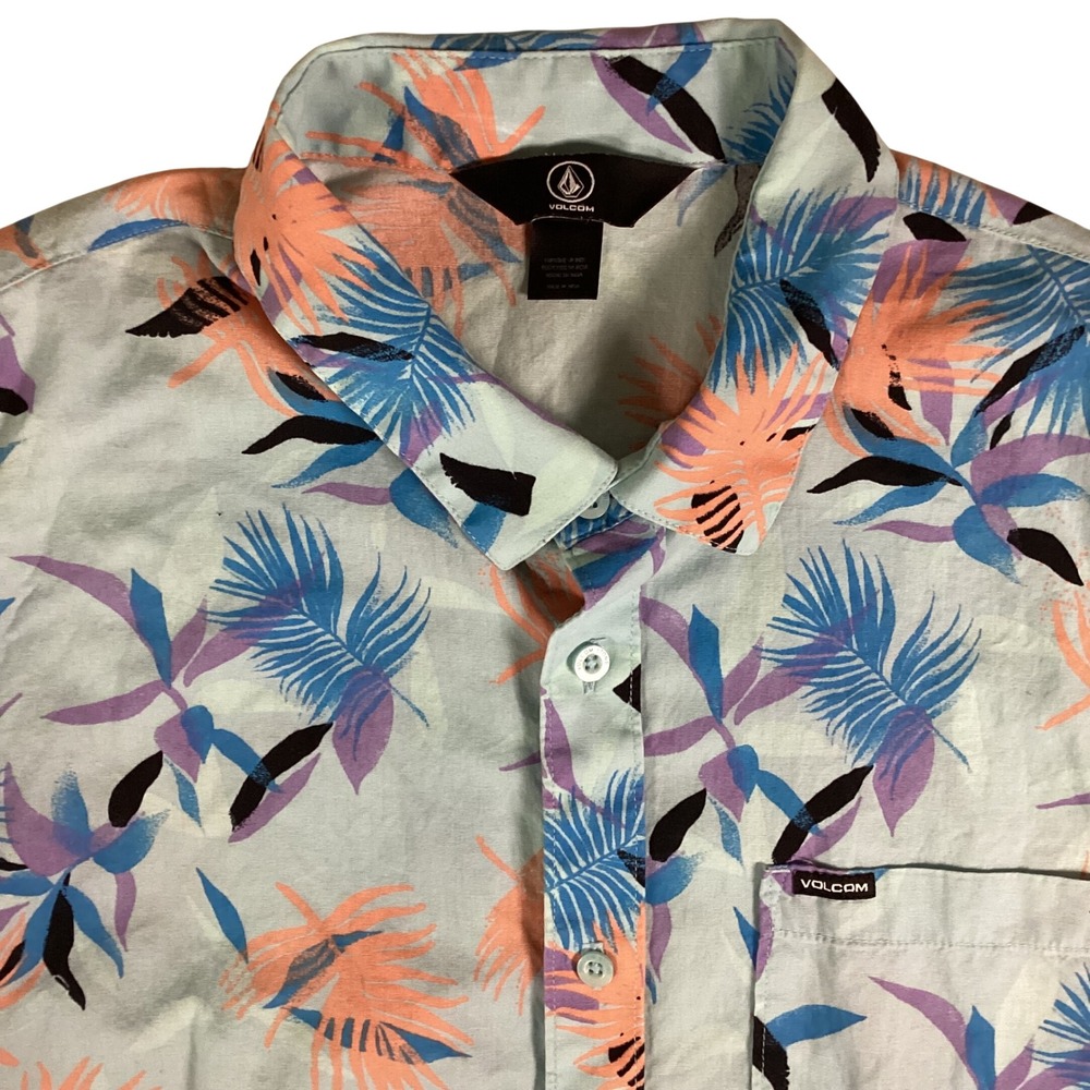 Volcom Mens Tropical Palm Leaf Print Short Sleeve Button Up Shirt Blue Orange L
